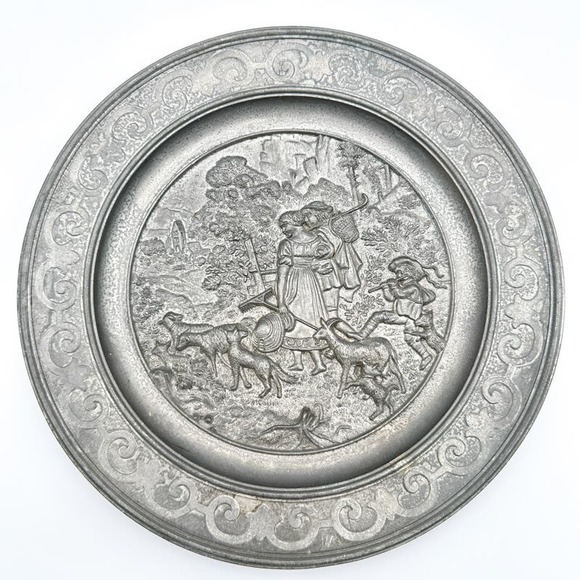Antique SKS Zinn Hanging Plate 95% Pewter Rare Germany Farming Sheppard Scene - Picture 3 of 13
